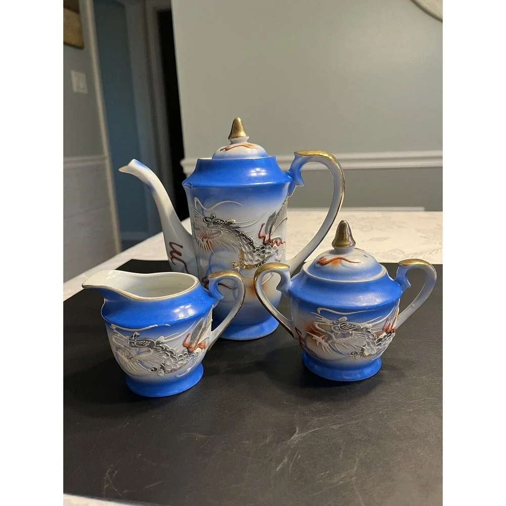 Vintage Dragonware Moriage Blue White Coffee Tea Pot Sugar Creamer Set
